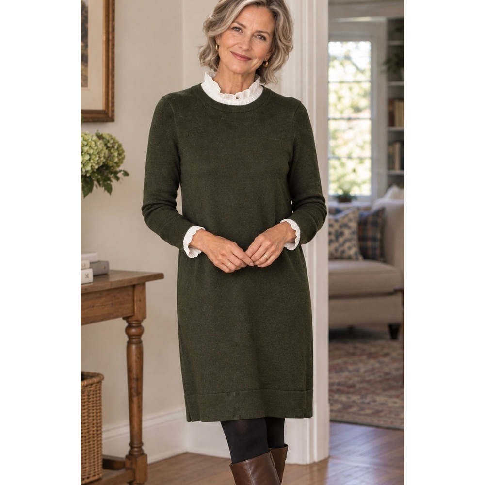 Boden Green Sweater Dress 8R Layered Ruffle Collar Wool Cashmere Knit